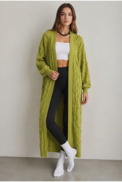 TOFAN TRİKO CARDIGAN LUNG TRICOTAT CU DETALII TRICOTATE, CULOARE VERDE FISTEC