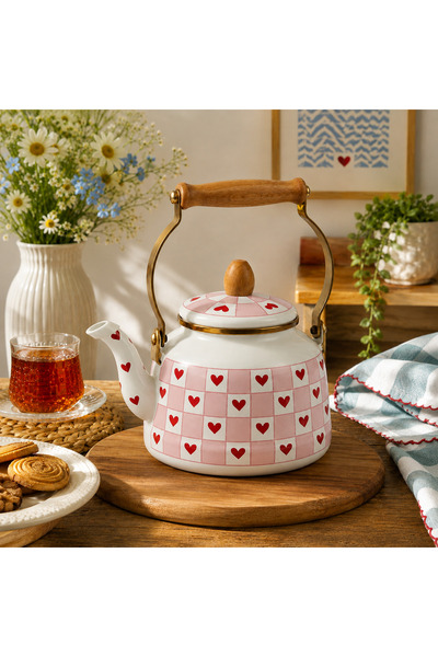 ALEV EMAYE Kalpli Emaye Kettle Çaydanlık | Ahşap Saplı Şık Tasarım | 2.5L Ret...