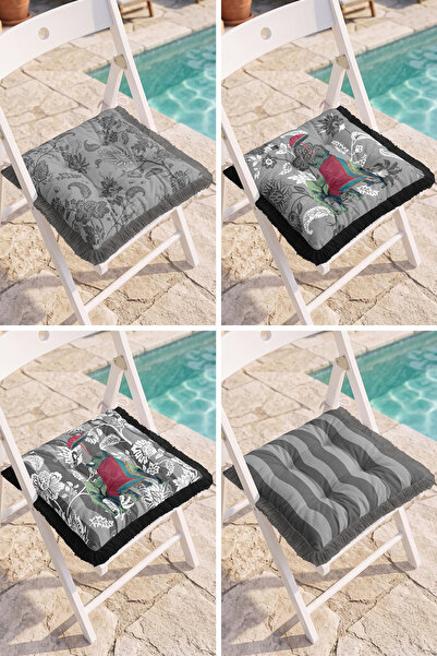 Realhomes Colorful Women's Silhouette Figures and Gray Floral Patterned 4-Pie...
