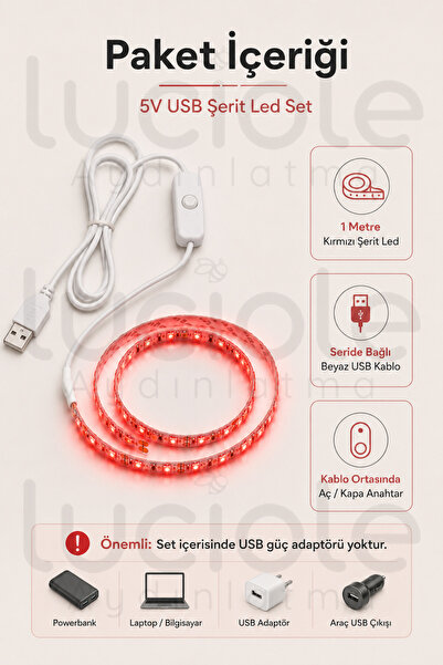 luciole 1 Metre 5V USB Kırmızı Şerit LED Aç Kapa Anahtarlı TV Masa Araç Dekoratif Led Işık