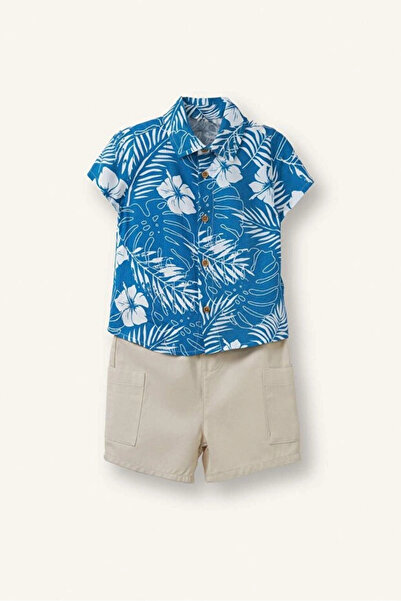 DeFacto 2-Piece Set Tropical Patterned Short Sleeve Shirt Elastic Waist Short...