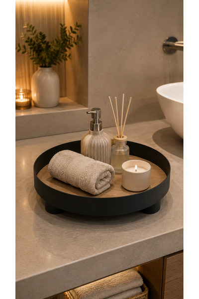 Leila Wooden Base Bathroom Organizer Round Decorative Standing Organizer 28 cm