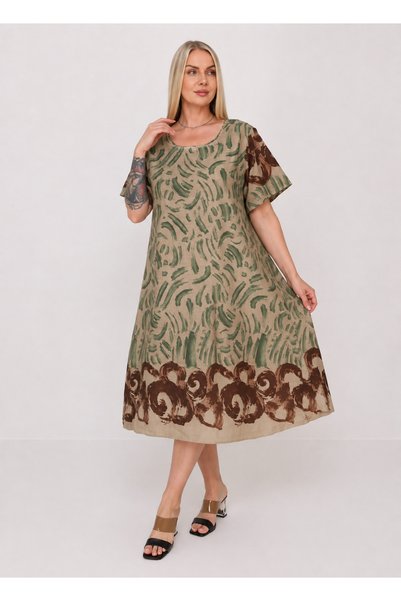 Butik Ayseba Plus Size Lined Cotton Printed A-Line Dress