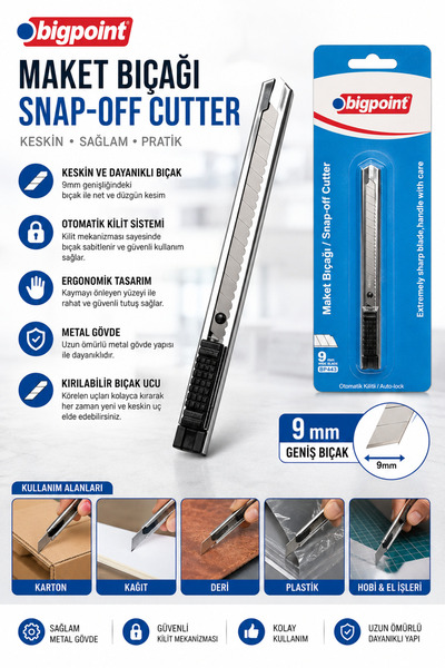 Bigpoint BP443 9 mm Maket Bıçağı Otomatik Kilitli Metal Gövde Snap-Off Cutter