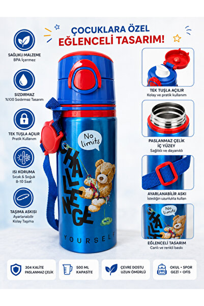 Miro Toys Children's Bear Tedy Themed Thermos 500 ml Leak-Proof Flask with Me...