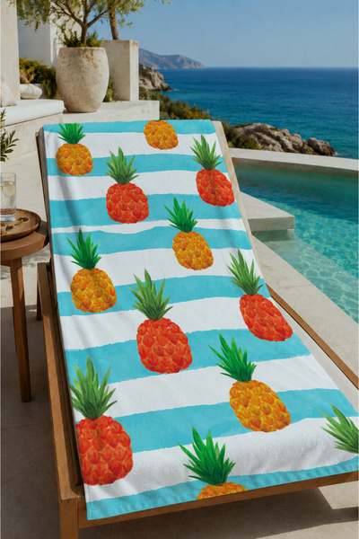 Evmila Turquoise White Striped Pineapple Patterned 70X150 Beach Towel - Digit...