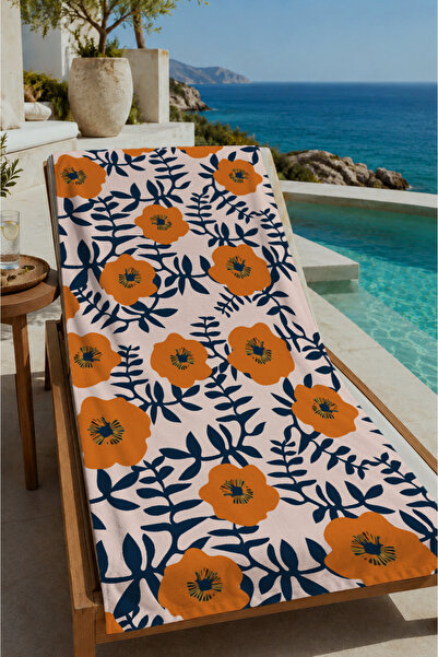 Evmila Orange Navy Blue Retro Floral and Sun Motif 70X150 Beach Towel - Digit...