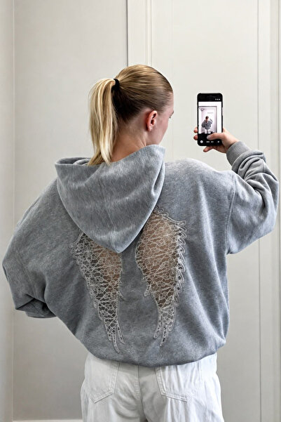 Violon WING SIRT DANTEL KANAT DETAYLI SWEATSHIRT GRİ