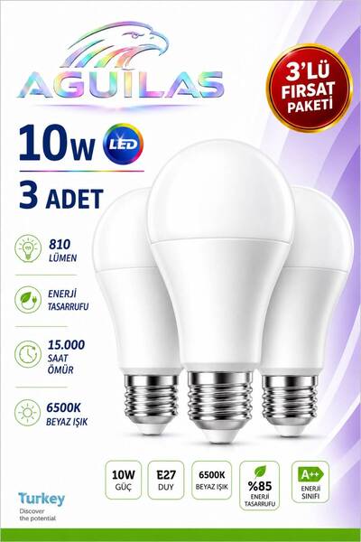 AGUILAS 10w 810 lümen Led Ampul 6500 k Beyaz Işık 3 Adet