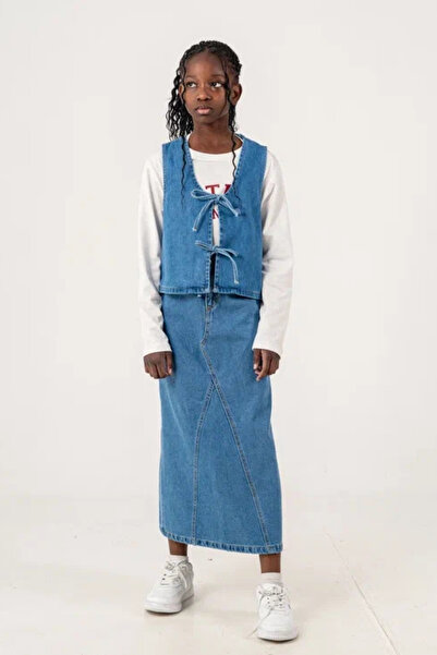 GİYİCEM TEKSTİL Girl's Buttoned Denim Jeans Vest City Style 3304