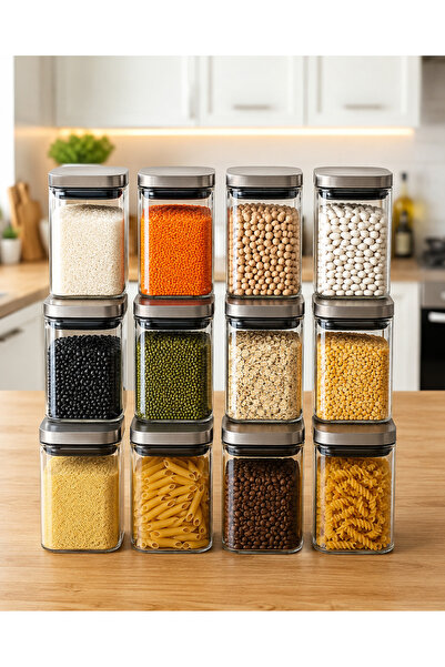 Karçiçeği Home Set of 12 1230 ml Square Borosilicate Glass Jars with Vacuum S...