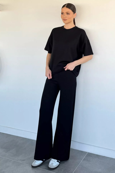 Aryena Black Women's Crew Neck T-Shirt and Elastic Waist Palazzo Pants Two-Pi...