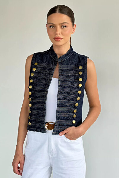 Aryena Navy Blue Women's Napoleon Jean Denim Vest with Gold Button Accessories