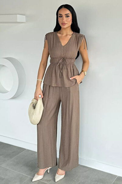 Aryena Mink Women's Elastic Waist Trousers V-Neck Blouse Two-Piece Set