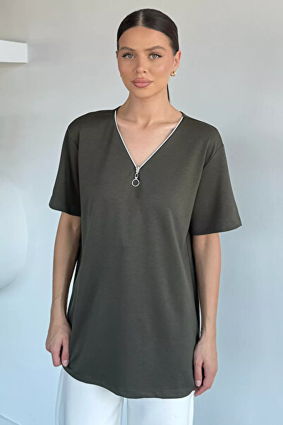 Aryena Khaki V-Neck Zipper T-Shirt