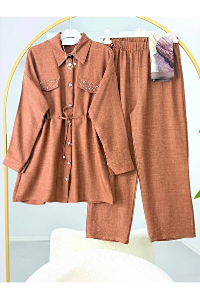 VOLT CLOTHİNG Kapak Taşlı Bağcıklı Keten Pantolonlu Takım