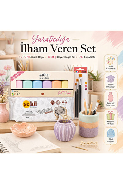 Artdeco Şekil 1 Kg Beyaz Seramik Hamuru Kil + 6x75 ml Pastel Akrilik Boya + 3...