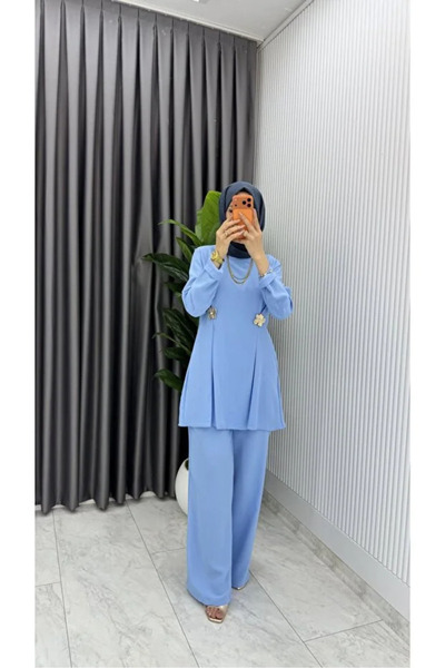 BETES Women's Hijab Baby Blue Tunic Trousers Double Suit