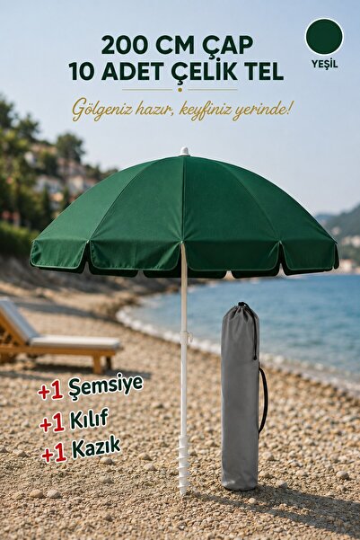 Düvenci Yeşil Plaj Şemsiyesi 200 çap/10 çelik tel + Kazık + Kılıf, Kumsal Paketi