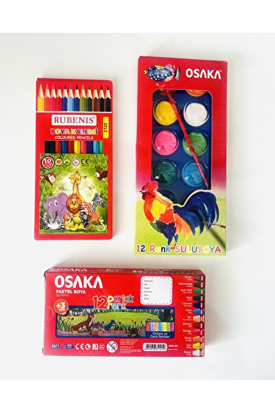 SEAROCK Ekonomik 12 Renk Boyama Seti 3'lü Paket Sulu Boya Pastel Boya Kuru Boya
