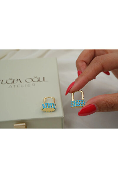 ATELİER TUĞBA Kp727 Turquoise Stone Locking Hoop Earrings (Length 20 mm)