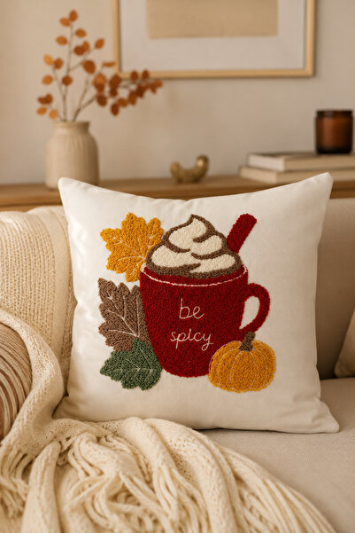 Pilloveland Punch Embroidered Cushion Cover - 43*43 cm - Pumpkin Spice Latte ...