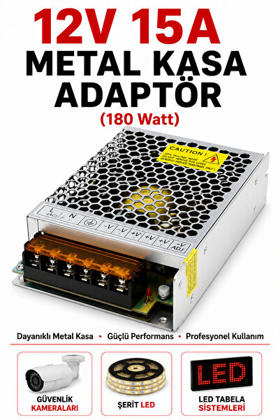 Kasliva Metal Kasa Adaptör - 12V 15A Trafo 180W - Şerit LED, Güvenlik Kameras...