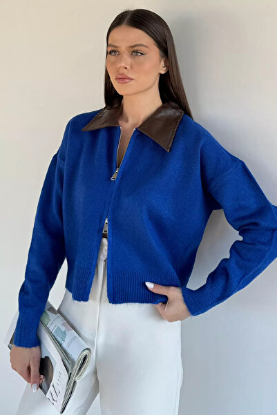 GÜLSELİ Cobalt bluemavi Women's Polo Collar Leather-Trimmed Zippered Knitwear...