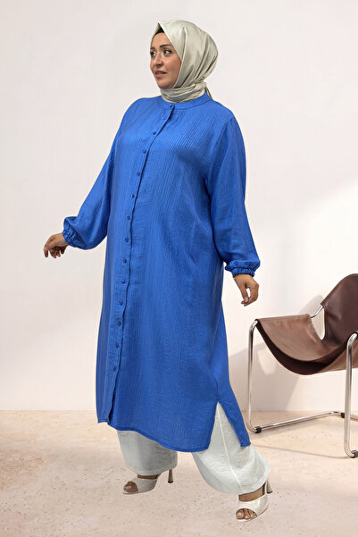 Eslina 68047 Plus Size Button-Down Double Tensel Tunic - Indigo