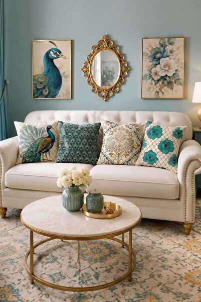 Cango Home Blue Peacock Patterned Decorative Throw Pillow Cover Set 4Kmbs342