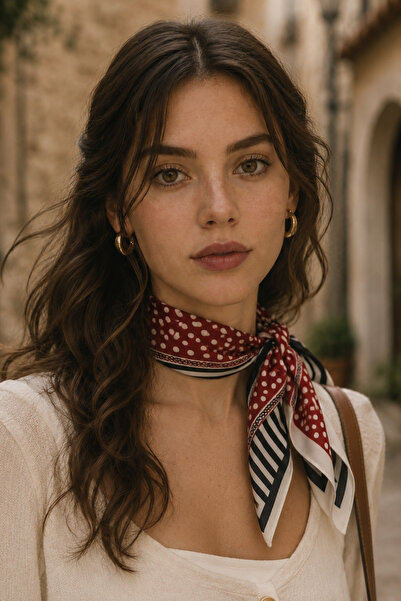 AFVENTE Striped Polka Dot Pattern Burgundy Satin Bandana Scarf 50×50 cm