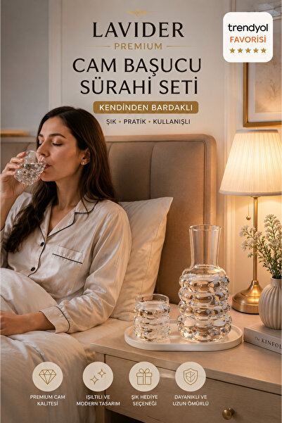 Lavider Premium Cam Başucu Sürahi Seti – Kendinden Bardaklı Şık ve Dekoratif ...