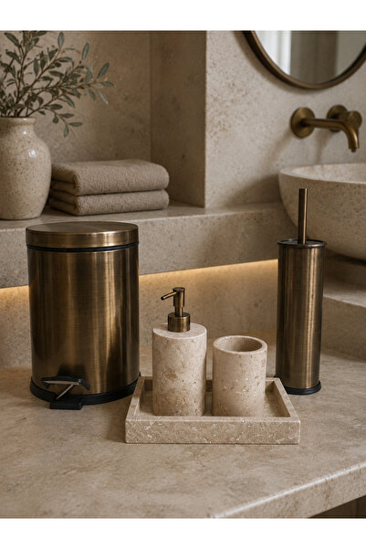 DMR VESTA Antik Gold Banyo Seti–Traverten Tepsi,Sıvı Sabunluk,Diş Fırçalık,WC...