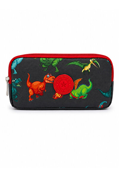 Mevo Dinosaur Patterned Zippered Multi-Compartment Gray Colored Pen Holder