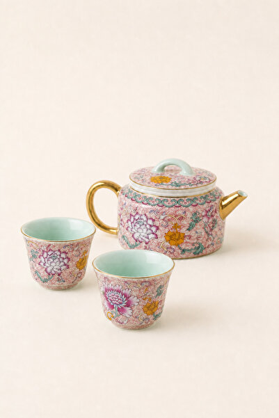 Lotus İşlemeli Çaydanlık ve Fincan Mini Set