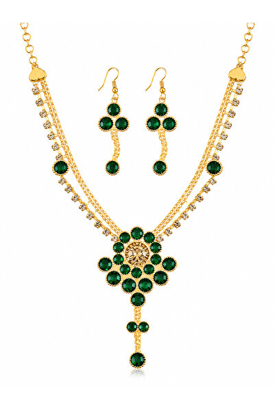 Houzi Crystal Necklace and Earrings Jewellery Set Gold-Tone Finish, Floral Pe...