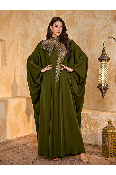 SUPGIR Plus Size Sequin Yoke High Neck Maxi Kaftan
