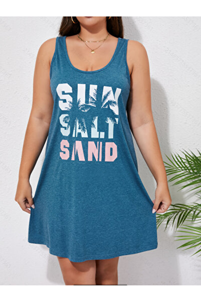 Take Two By Styli Plus Size Blue Graphic Print Sleeveless Nightdress