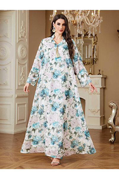 Take Two By Styli Blue Floral Print Tassel Detail Maxi Jalabiya