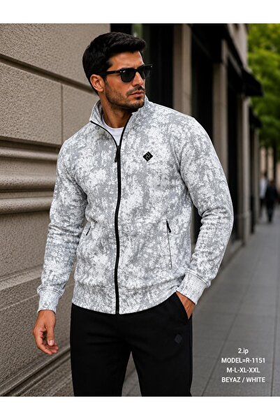 grand coco Men's 2 Thread Compact Combed Cotton Patterned White Jacket