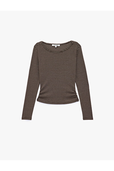 Koton Cotton Slim Fit Gathered Boat Neck Long Sleeve Striped T-Shirt