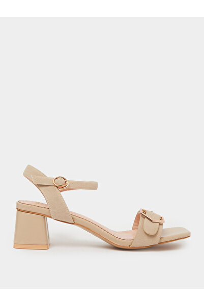 Styli Beige Mid Block Heel Buckle Details Sandals
