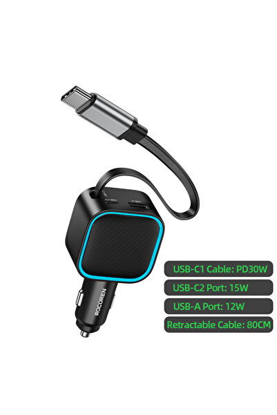 Choice Black Rocoren 3 in 1 Retractable Car Charger PD 30W Fast Charging USB ...