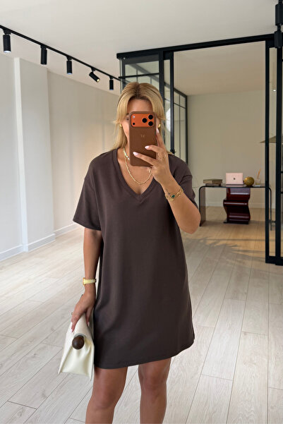 Sezgi Tekin V-Neck Oversize Brown Modal Dress