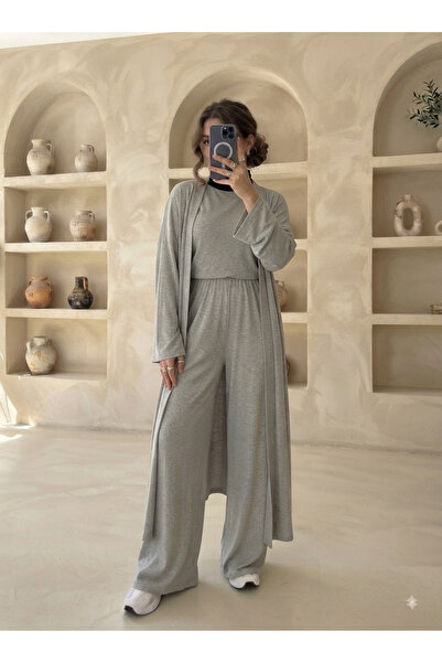 The Hench Kadın Basic 3'lü Penye Kimono Takım Bol Paça Pantolonlu Yumuşak Dok...