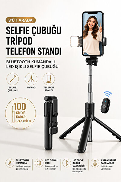 Concord 100 Cm Bluetooth Kumandalı LED Işıklı Selfie Çubuğu 3'ü 1 Arada Telef...