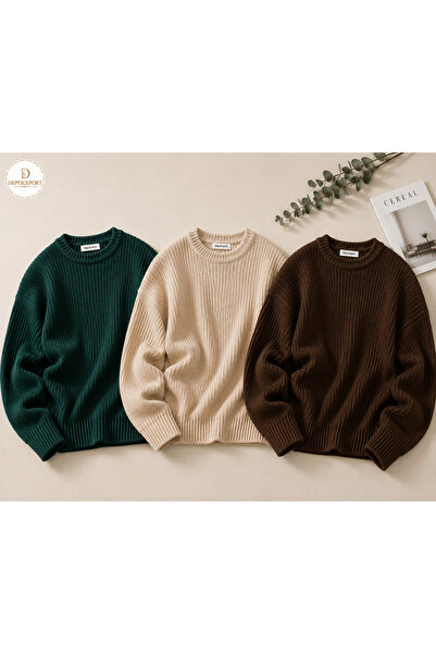 DepoExport Women's 3-Piece Crew Neck Oversize Knitwear Sweater Soft Knitted S...