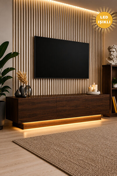 webotto 8 Almad Led Işıklı Koyu Ceviz Tv Ünitesi Modern Uçan Tv Sehpası 3 Kap...