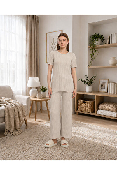 MEBA Women's Seasonal Short Sleeve Ribbed Beige Blue Pajama Set