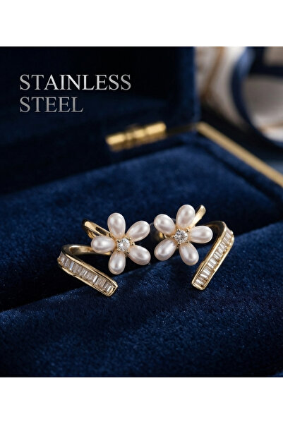 stainless steell أقراط زهرة اللؤلؤ المطوية باللون الذهبي النحاسي مع حجر الزركون